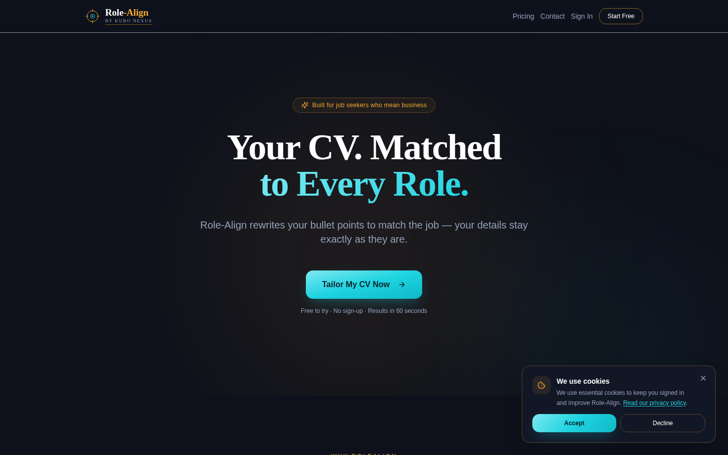 Role-Align product homepage for honest CV tailoring