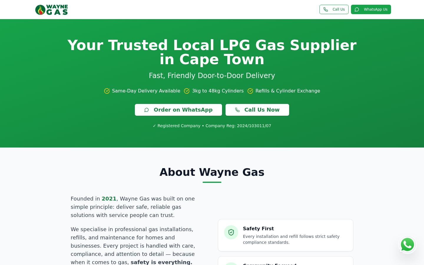 Wayne’s Gas website homepage showing LPG delivery and WhatsApp ordering